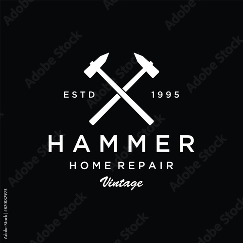 Retro vintage crossed hammer and nails logo template design.Logo for home repair service, carpentry,badges, woodworking.