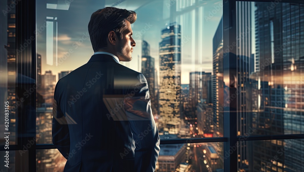businessman standing looking outside office glass window with cityscape background, Generative Ai businessman standing looking outside office glass window with cityscape background, Generative Ai