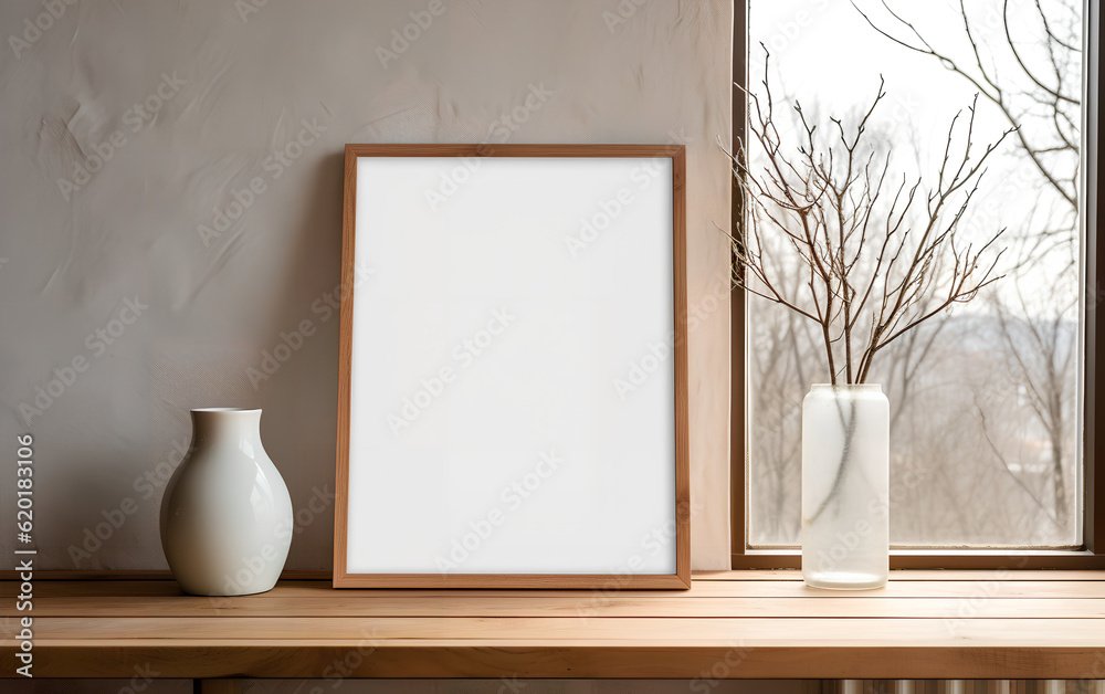 Empty wooden frame mock-up beside a contemporary vase with dried plants, placed on a wooden table in a minimalist interior. Generative AI.