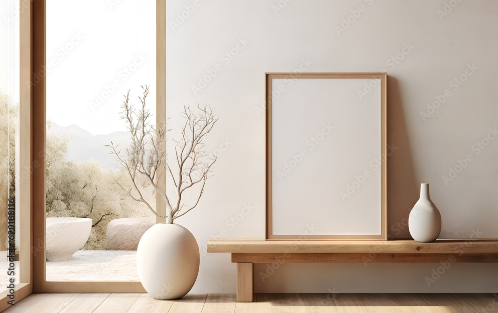 Empty wooden frame mock-up beside a contemporary vase with dried plants, placed on a wooden table in a minimalist interior. Generative AI.