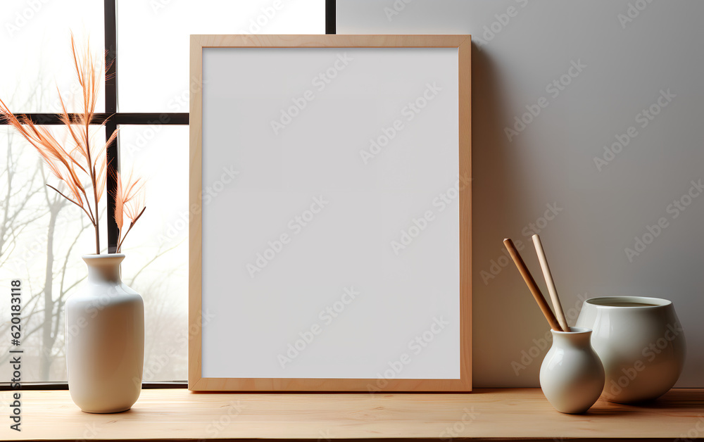 Empty wooden frame mock-up beside a contemporary vase with dried plants, placed on a wooden table in a minimalist interior. Generative AI.