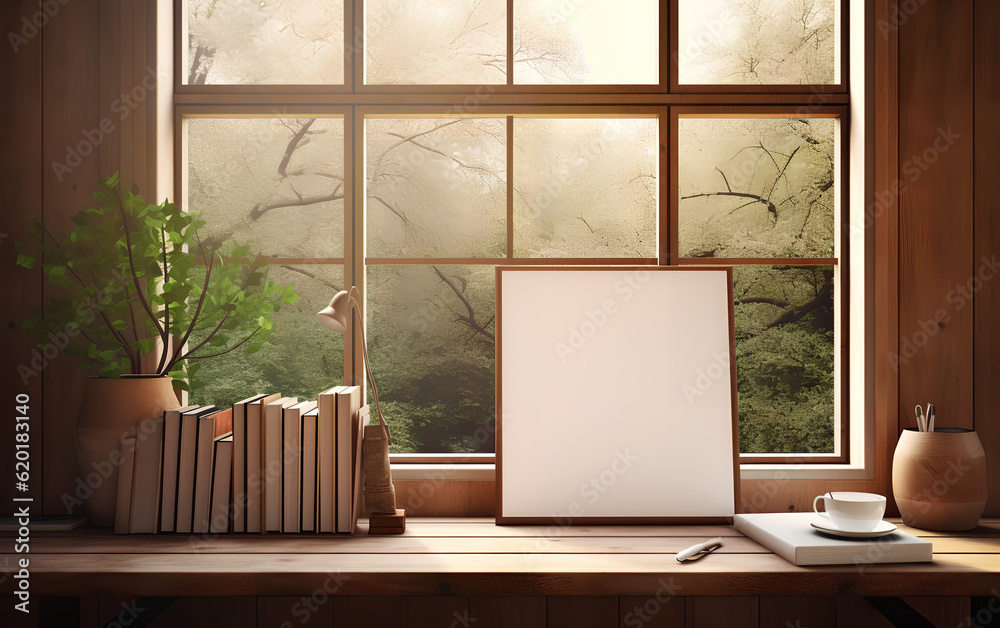 Mock-up of a wooden picture frame, placed near a vase with dried flowers and old books on a table in a minimalistic decor. Generative AI.