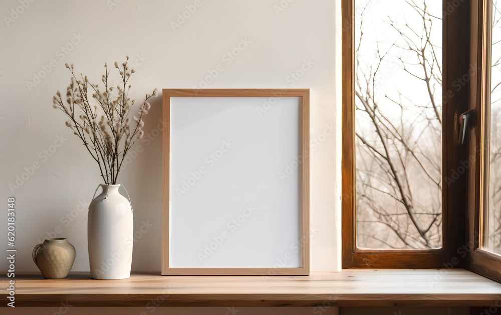 Mock-up of a wooden picture frame, placed near a vase with dried flowers on a table in a minimalistic decor. Generative AI.