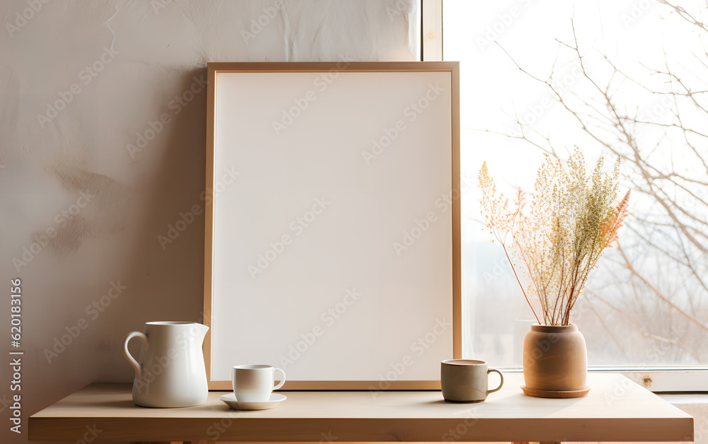Mock-up of a wooden picture frame, placed near a vase with dried flowers on a table in a minimalistic decor. Generative AI.