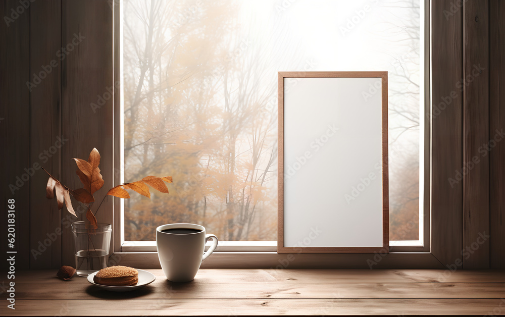 Mock-up of a wooden picture frame, placed near a vase with dried flowers on a table in a minimalistic decor. Generative AI.
