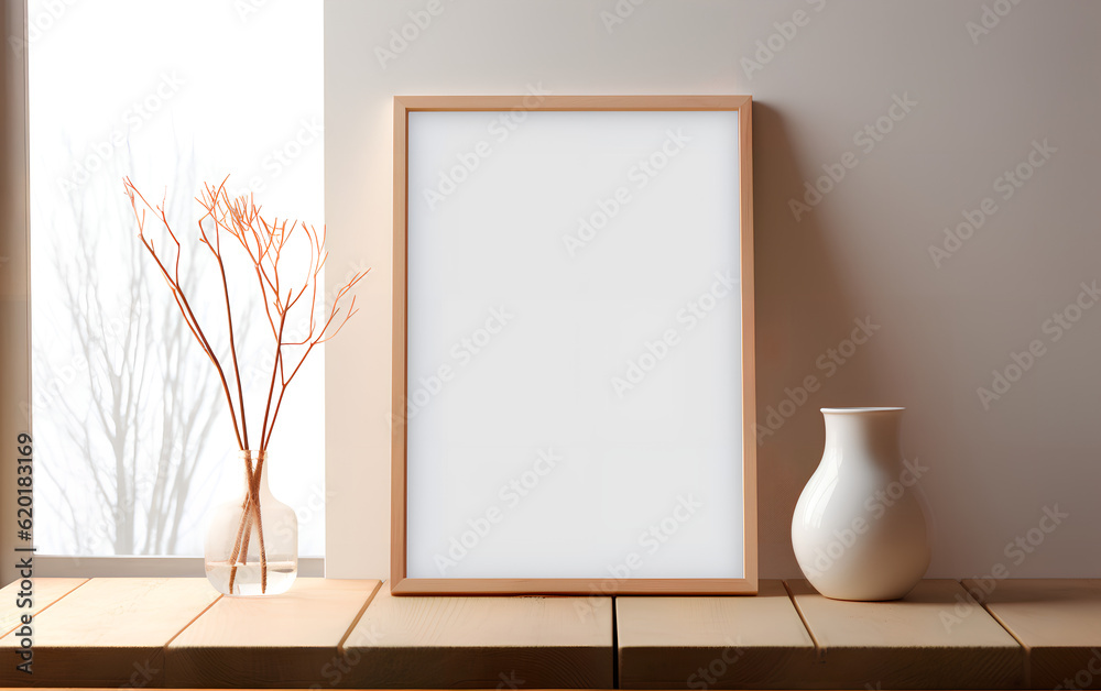 Mock-up of a wooden picture frame, placed near a vase with dried flowers on a table in a minimalistic decor. Generative AI.
