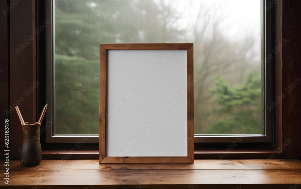 Mock-up of a wooden picture frame, placed near a vase with dried flowers on a table in a minimalistic decor. Generative AI.