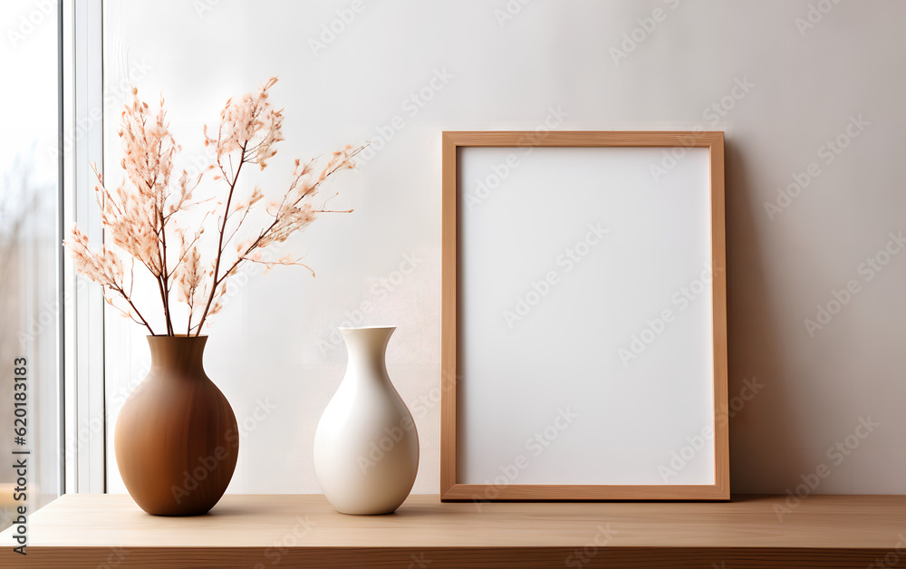 Mock-up of a wooden picture frame, placed near a vase with dried flowers on a table in a minimalistic decor. Generative AI.