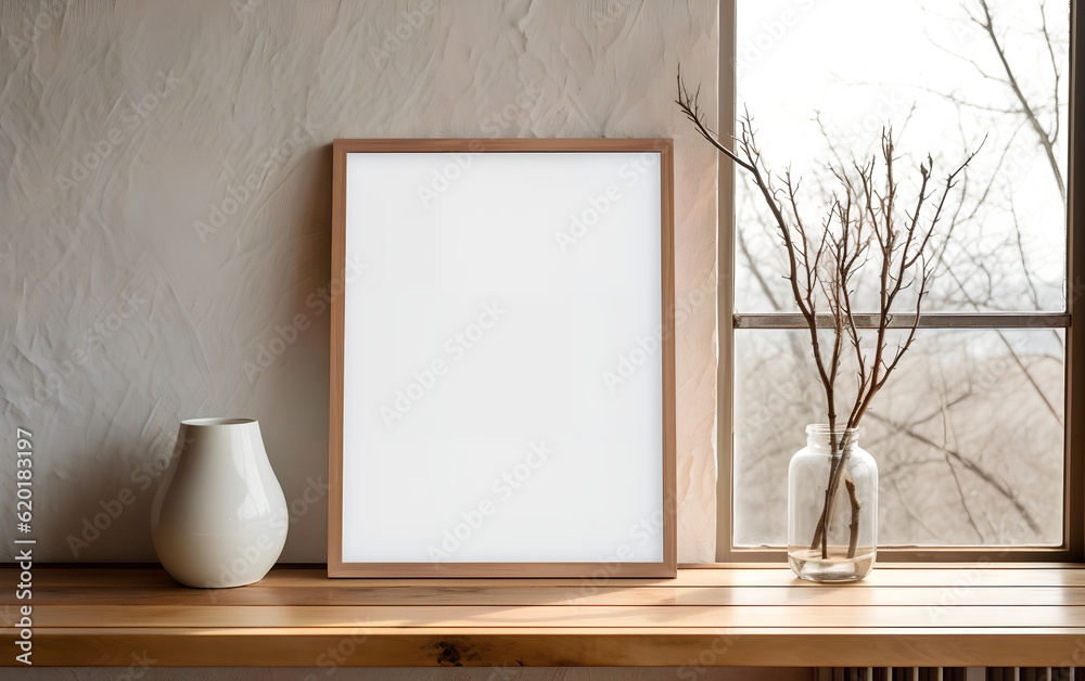 Minimalist interior design featuring an empty wooden frame mock-up beside a modern vase with dry floral arrangement on a wooden table. Generative AI.