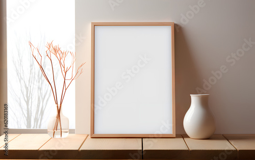 Obraz na płótnie Mock-up of a wooden picture frame, placed near a vase with dried flowers on a table in a minimalistic decor. Generative AI. w salonie