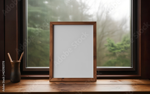 Obraz na płótnie Mock-up of a wooden picture frame, placed near a vase with dried flowers on a table in a minimalistic decor. Generative AI. w salonie