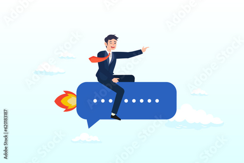 Cheerful businessman ride speech bubble pointing to target  effective communication for business leader  sending message  announcement or dialog for success  meeting talk or communicate idea  Vector 