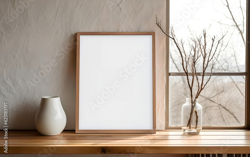Obraz na płótnie Minimalist interior design featuring an empty wooden frame mock-up beside a modern vase with dry floral arrangement on a wooden table. Generative AI. w salonie