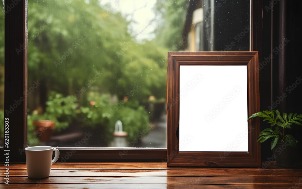 Empty wooden frame mock-up near a modern vase with dry flowers plants on a wooden table. Vertical picture frame mockup. Minimal interior. Generative AI.