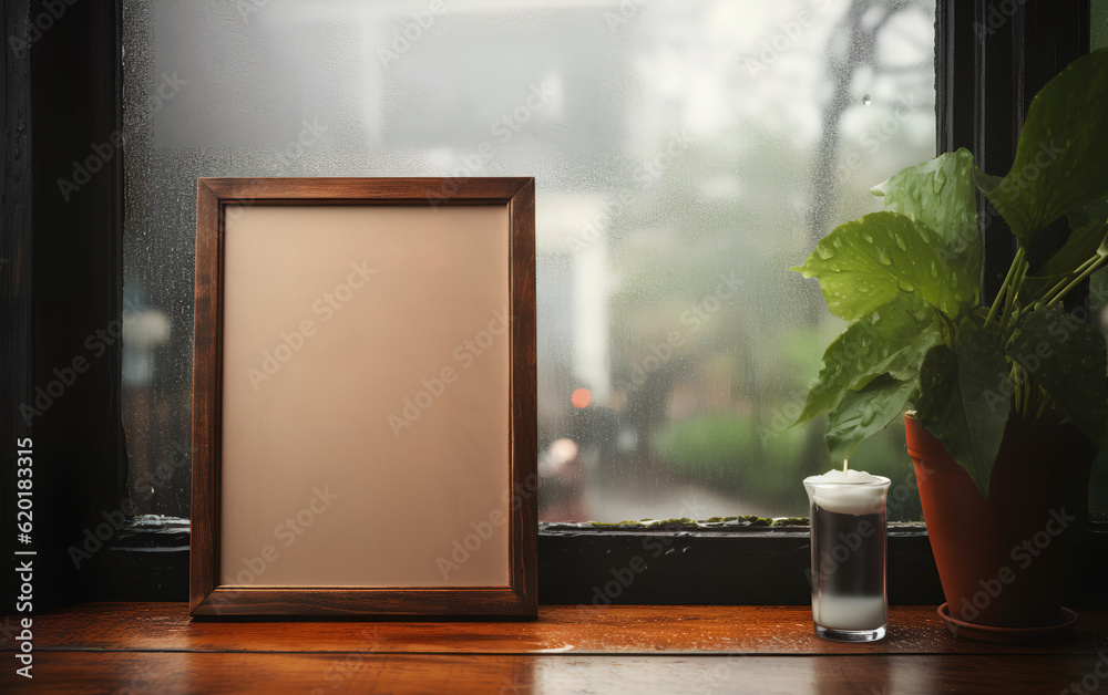 Empty wooden frame mock-up near a modern vase with dry flowers plants on a wooden table. Vertical picture frame mockup. Minimal interior. Generative AI.