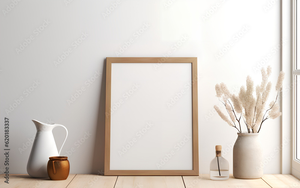 Empty wooden frame mock-up near a modern vase with dry flowers plants on a wooden table. Vertical picture frame mockup. Minimal interior. Generative AI.