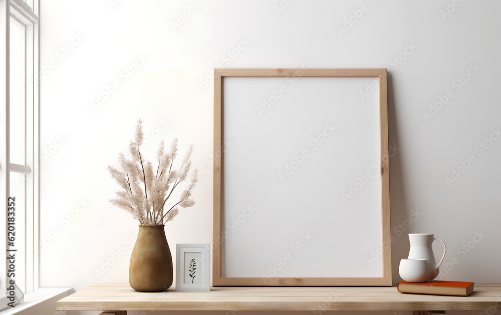 Empty wooden frame mock-up near a modern vase with dry flowers plants on a wooden table. Vertical picture frame mockup. Minimal interior. Generative AI.