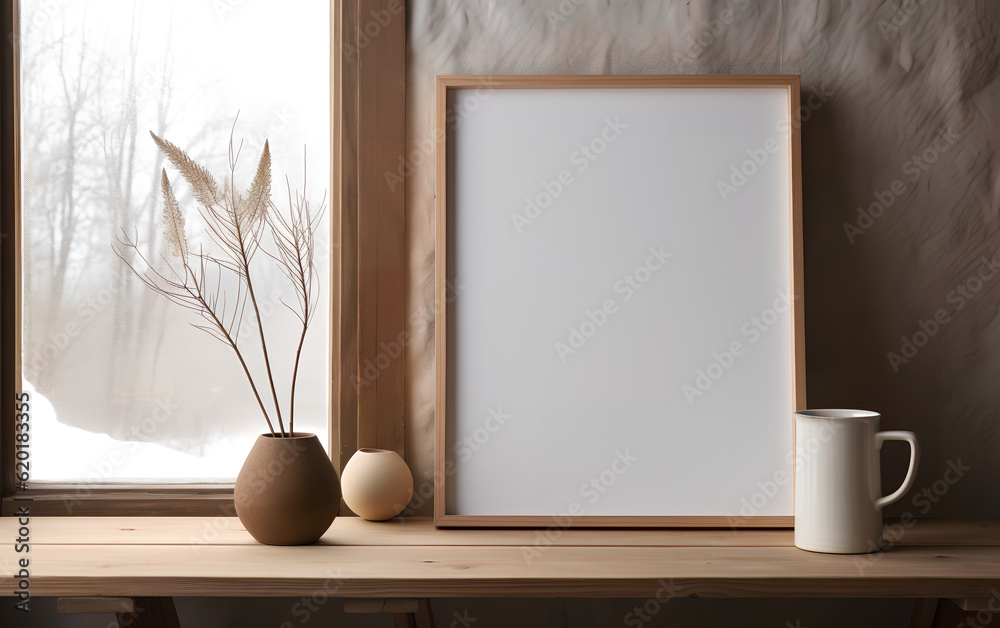 Empty wooden frame mock-up near a modern vase with dry flowers plants on a wooden table. Vertical picture frame mockup. Minimal interior. Generative AI.