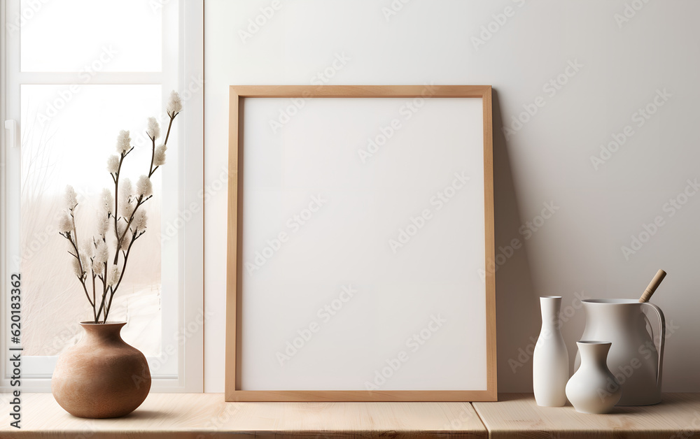 Empty wooden frame mock-up near a modern vase with dry flowers plants on a wooden table. Vertical picture frame mockup. Minimal interior. Generative AI.