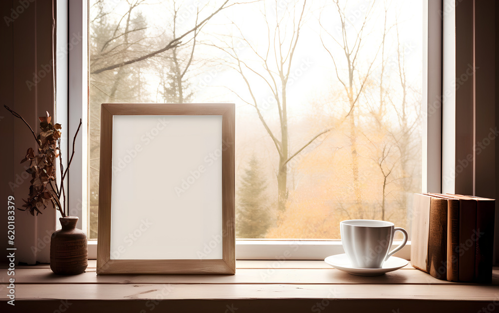 Mock-up of a wooden picture frame, placed near a vase with dried flowers and old books on a table in a minimalistic decor. Generative AI.