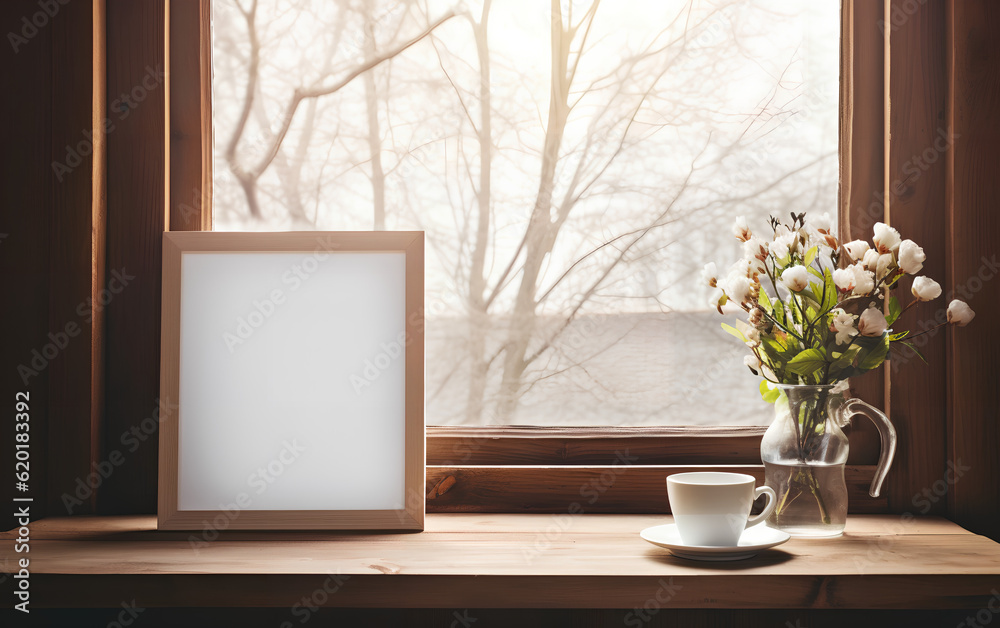 Empty wooden frame mock-up near a modern vase with dry flowers plants on a wooden table. Vertical picture frame mockup. Minimal interior. Generative AI.