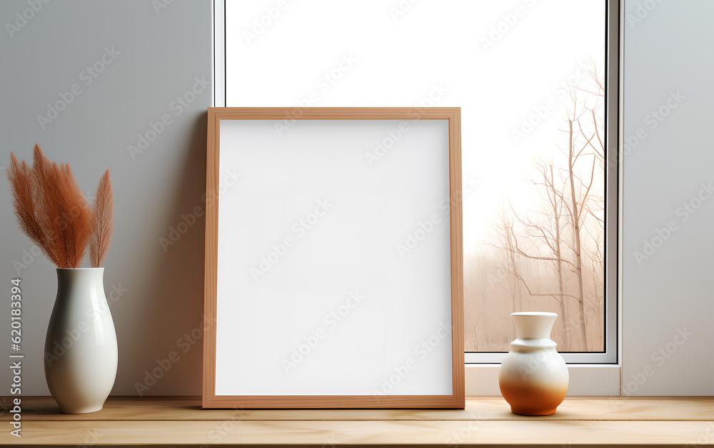 Empty wooden frame mock-up near a modern vase with dry flowers plants on a wooden table. Vertical picture frame mockup. Minimal interior. Generative AI.