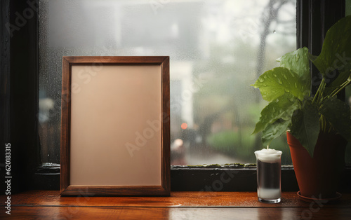 Obraz na płótnie Empty wooden frame mock-up near a modern vase with dry flowers plants on a wooden table. Vertical picture frame mockup. Minimal interior. Generative AI. w salonie