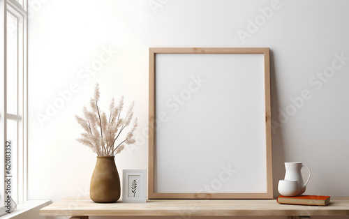 Obraz na płótnie Empty wooden frame mock-up near a modern vase with dry flowers plants on a wooden table. Vertical picture frame mockup. Minimal interior. Generative AI. w salonie