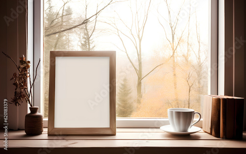 Obraz na płótnie Mock-up of a wooden picture frame, placed near a vase with dried flowers and old books on a table in a minimalistic decor. Generative AI. w salonie