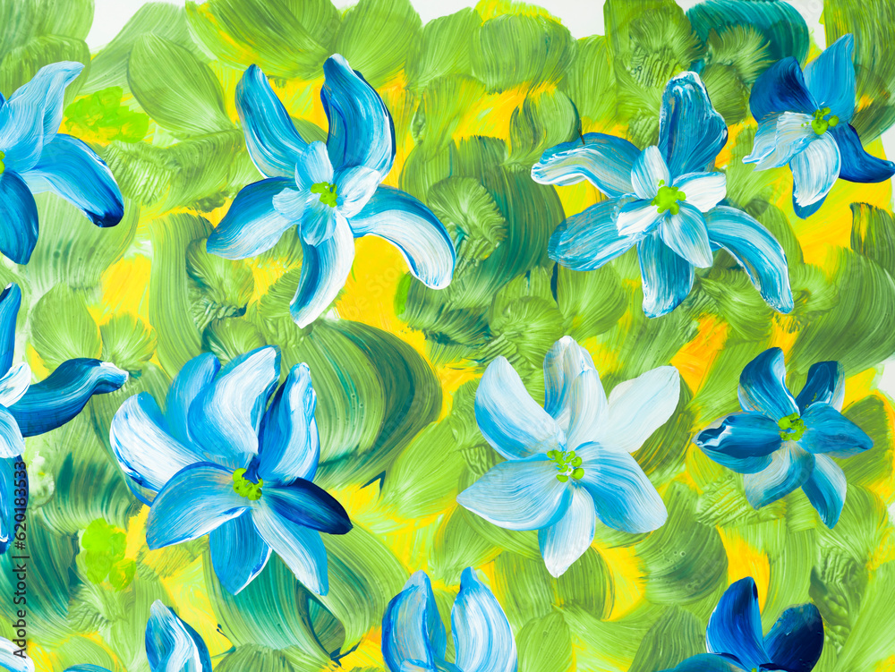 Abstract blue flowers on green, original hand drawn, impressionism style, color texture, brush strokes of paint, art background.
