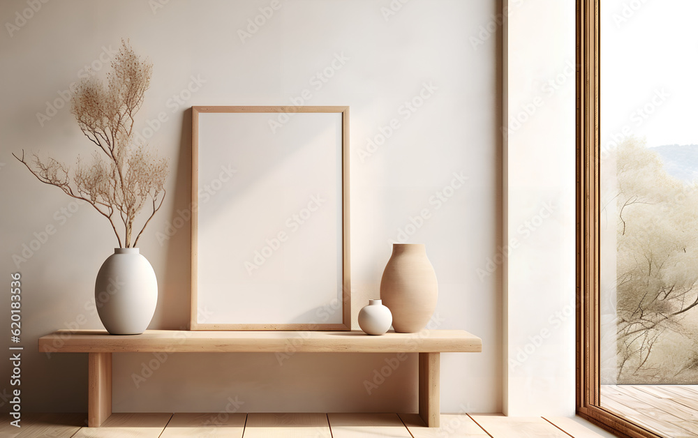 Empty wooden frame mock-up near a modern vase with dry flowers plants on a wooden table. Vertical picture frame mockup. Minimal interior. Generative AI.