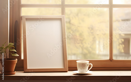 Obraz na płótnie Empty wooden frame mock-up near a modern vase with dry flowers plants on a wooden table. Vertical picture frame mockup. Minimal interior. Generative AI. w salonie