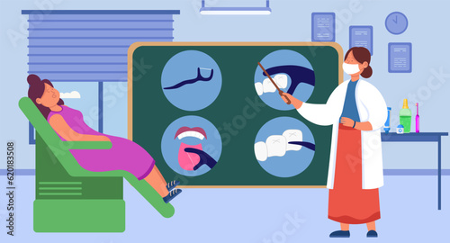 Dentist teaching woman to use floss vector illustration. Female patient learning dental hygiene rules on blackboard, having problems with teeth. Dental care, health concept