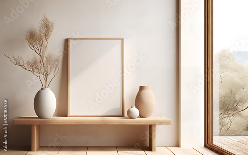 Obraz na płótnie Empty wooden frame mock-up near a modern vase with dry flowers plants on a wooden table. Vertical picture frame mockup. Minimal interior. Generative AI. w salonie