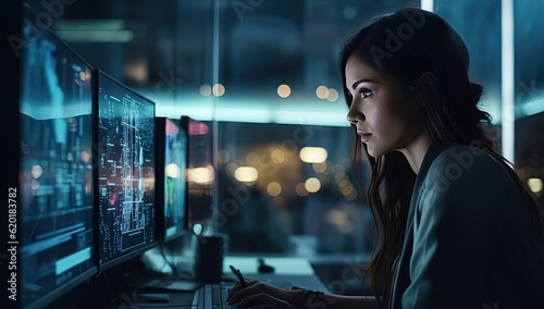 woman coding engineer working on blue light screen, Generative Ai