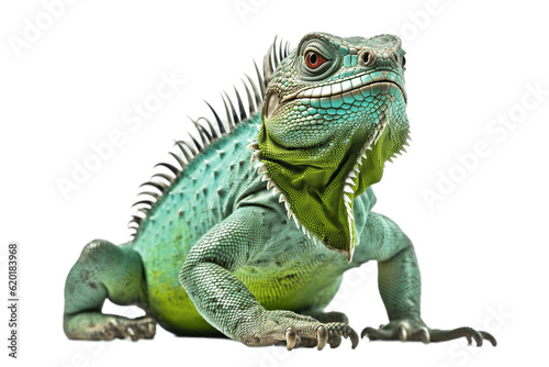 green iguana isolated on transparent background. PNG file, cut out.