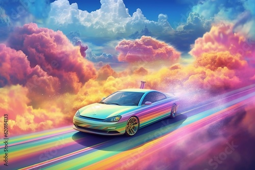 Road Trip Relax. Escaping the Reality Car Drive Illustration. Generative AI. © dimensdesign