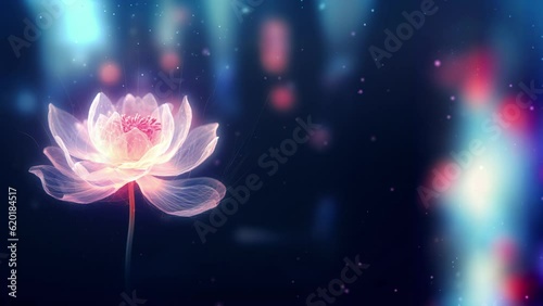 Glowing pink flower on blue bokeh background. Particles float off the flower and past the background.