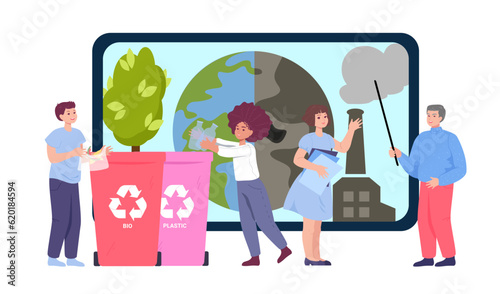 Students learning about environment issues vector illustration. Children sorting and recycling garbage, teacher explaining sustainability and nature conservation. Ecology, education concept
