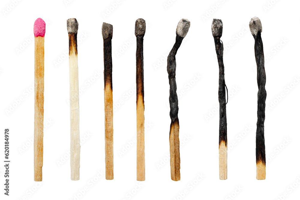 Set of burnt wooden matches. Matches isolated on white background. Set of burnt wooden matches. Matches isolated on white background.