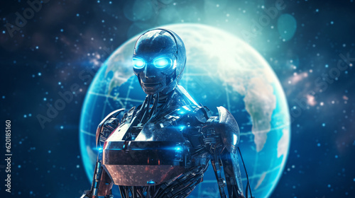 Cyborg man cyborg in space with planet earth 3D rendering