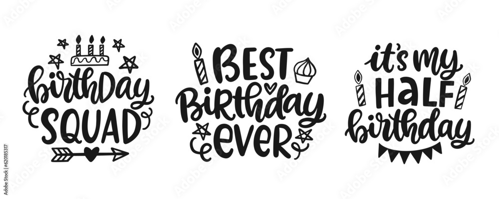 Fototapeta premium Birthday Lettering Phrase Greeting Card Set.