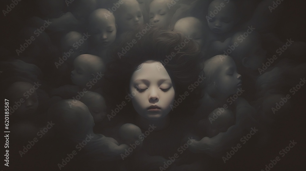 A teenager with eyes closed, surrounded by dead babies with hallucinatory ghosts. Illustration metaphor surrealism symbol of sad fate of children. Against war, violence and murder, created by AI - obrazy, fototapety, plakaty 