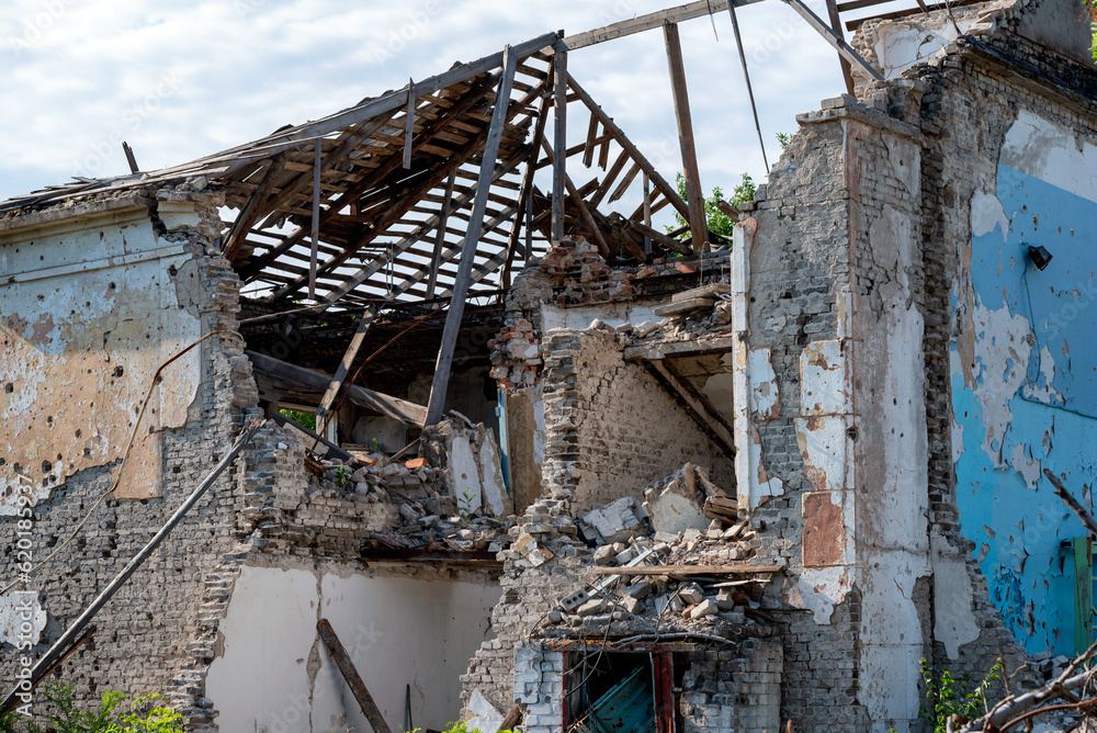 destroyed houses in an abandoned city without people in Ukraine