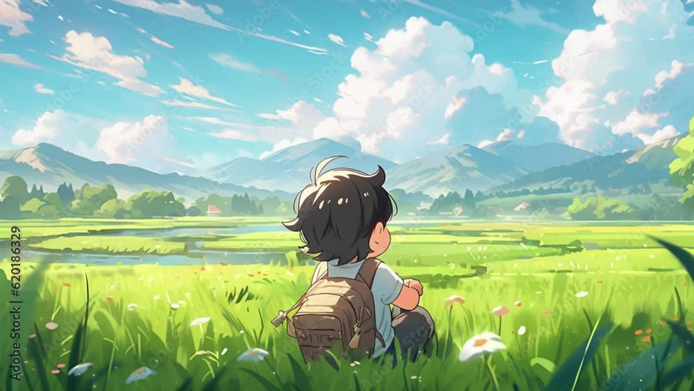 A boy sits in the green meadow and look around, in the style of anime art, lush scenery, loop animation