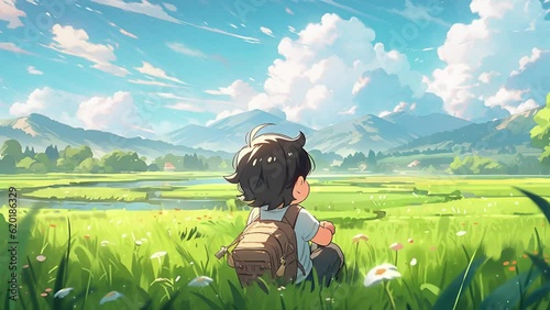 A boy sits in the green meadow and look around, in the style of anime art, lush scenery, loop animation photo