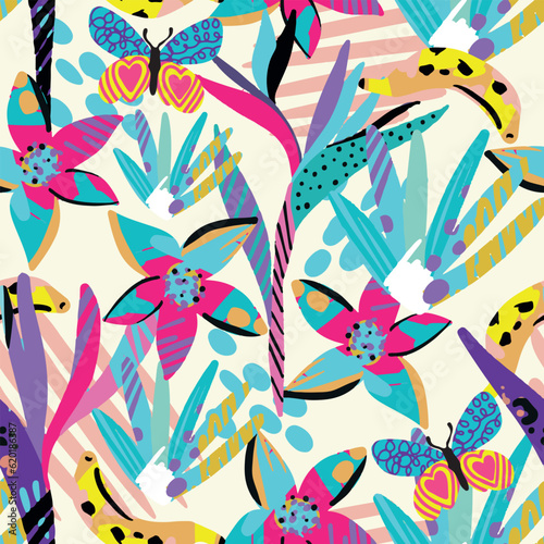 Hand drawn tropic flower and butterfly pattern. summer background. for textile, fashion wear, wrapping paper. Abstract decorative flat vector illustration