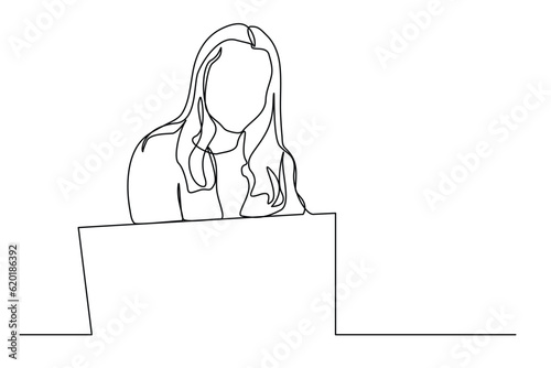 continuous line woman working with laptop in office
