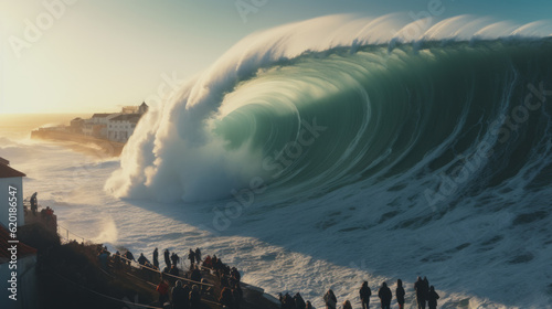 Giant Tsunami wave arriving on the shore of a city