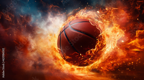 Close-up of a basketball in fire surrounded by flames